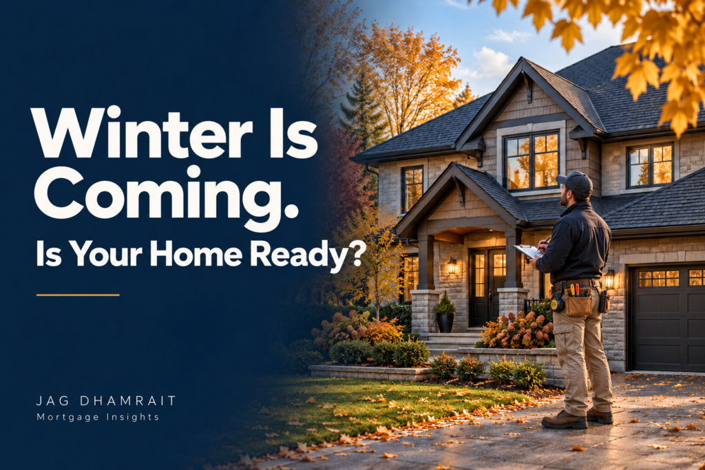 Repair professional inspecting a house in autumn. Text reads: “Winter Is Coming. Is Your Home Ready?”