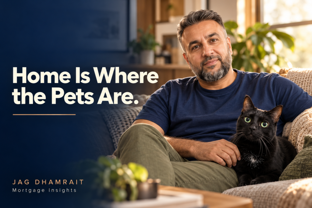 Jag Dhamrait sitting with his black cat Lucky. Text reads: “Home Is Where the Pets Are.”