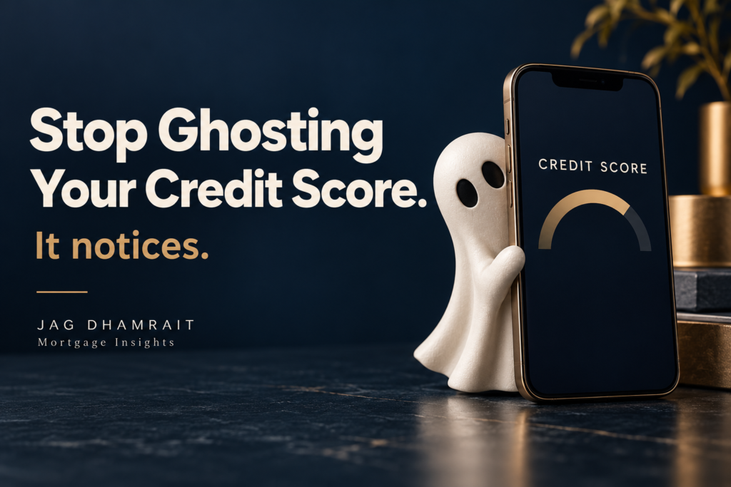 White ghost beside a phone displaying a credit score gauge. Text reads: “Stop Ghosting Your Credit Score. It notices.”
